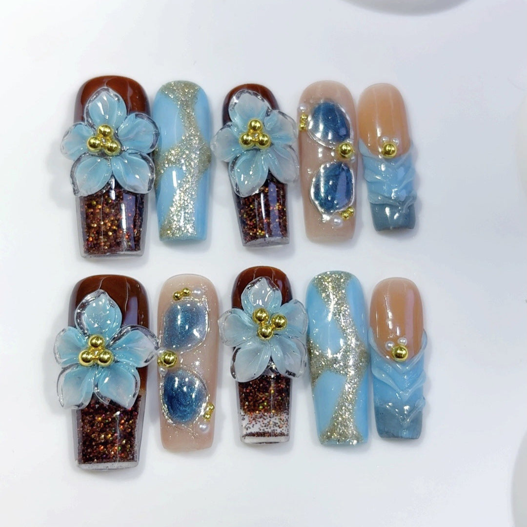 Blue Floral Sculpted Long Press On Nails