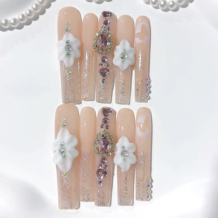 Nude Crystal Floral Elegant Luxury Press On Nails