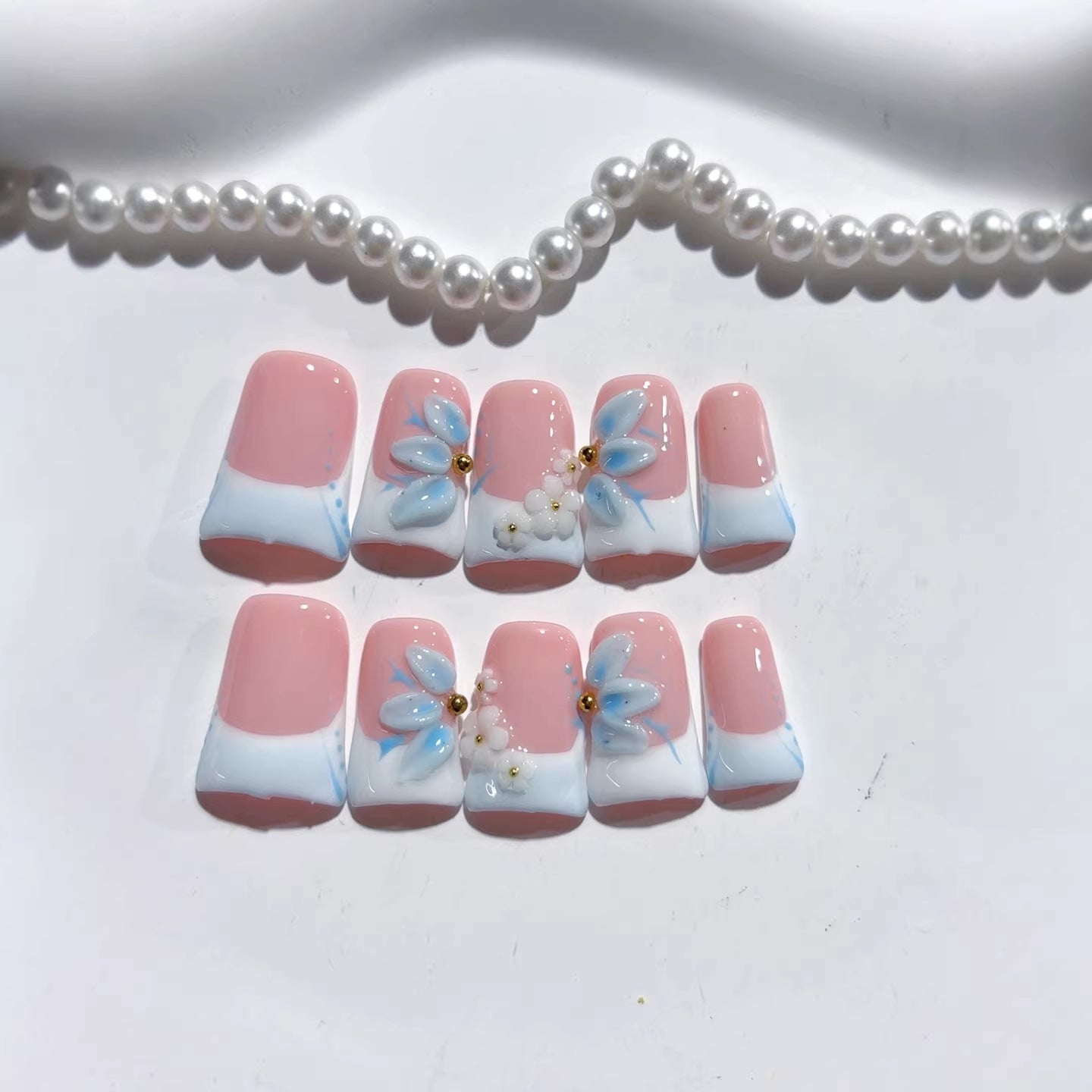 Elegant Pastel: "Blue Bloom French" – Short Square Nude & Blue Floral Handmade Press-On