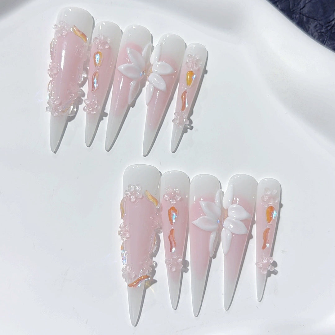 Unhas Postiças Extra Longas Stiletto Floral Rosa Suave