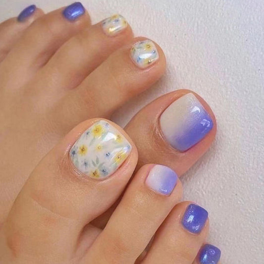 Summer cool blue purple yellow flower manicure gradual change fairy gas Press-on toenails wear nail fake nails wholesale 24 pieces｜365nails
