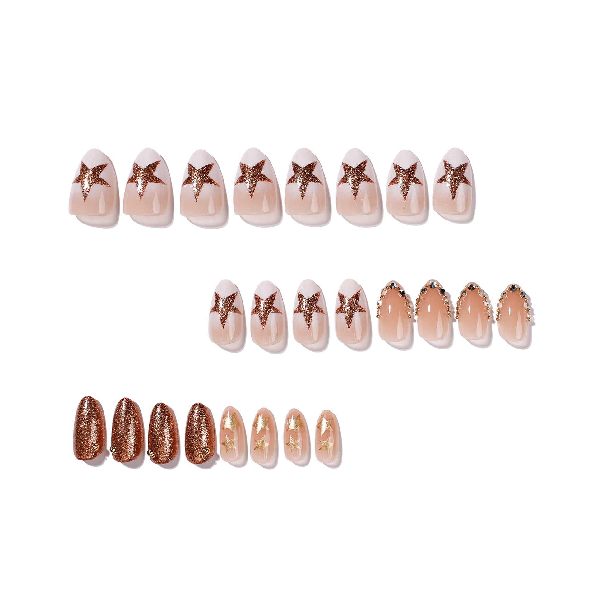 365nails: "Bronze Star Ombre Almond" – Rhinestone Chain Press-on Nails