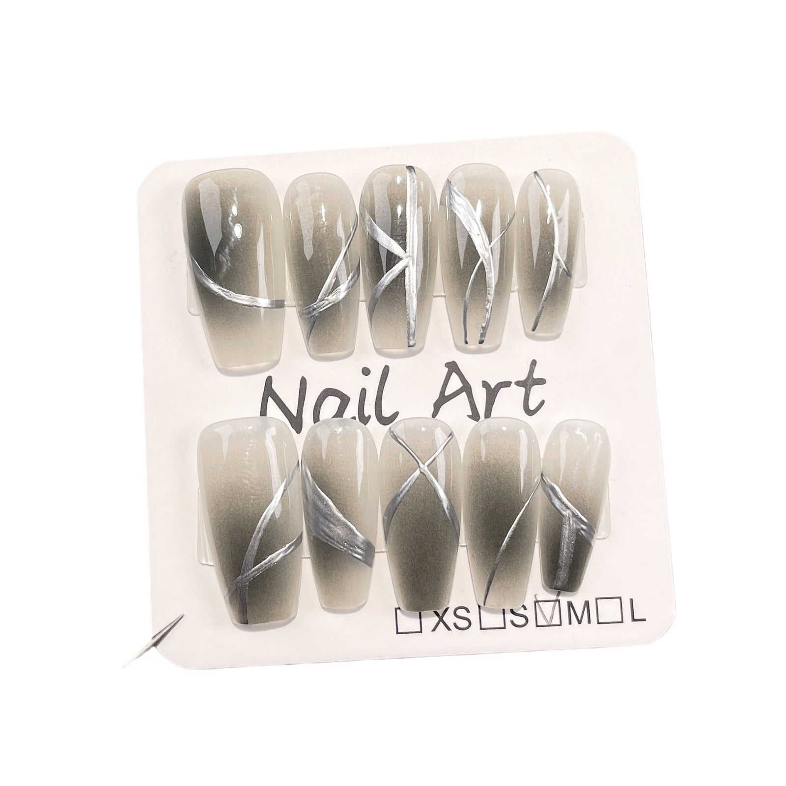 Modern Gray Smoke Ombré Silver Chrome Line Art Press-On Nails