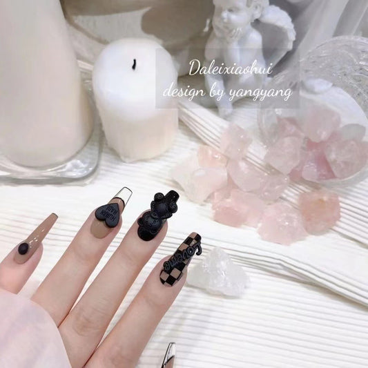 handmade nails, checkerboard bear love-worn nail art can be disassembled and reused | 365nails