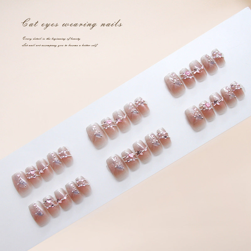 Nail Tips  prefabricated nail bright three-dimensional butterfly gradual change French cat eye sweet white diamond removable manicure 30 pieces｜365nails