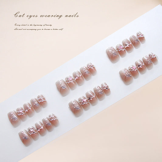 Nail Tips  prefabricated nail bright three-dimensional butterfly gradual change French cat eye sweet white diamond removable manicure 30 pieces｜365nails