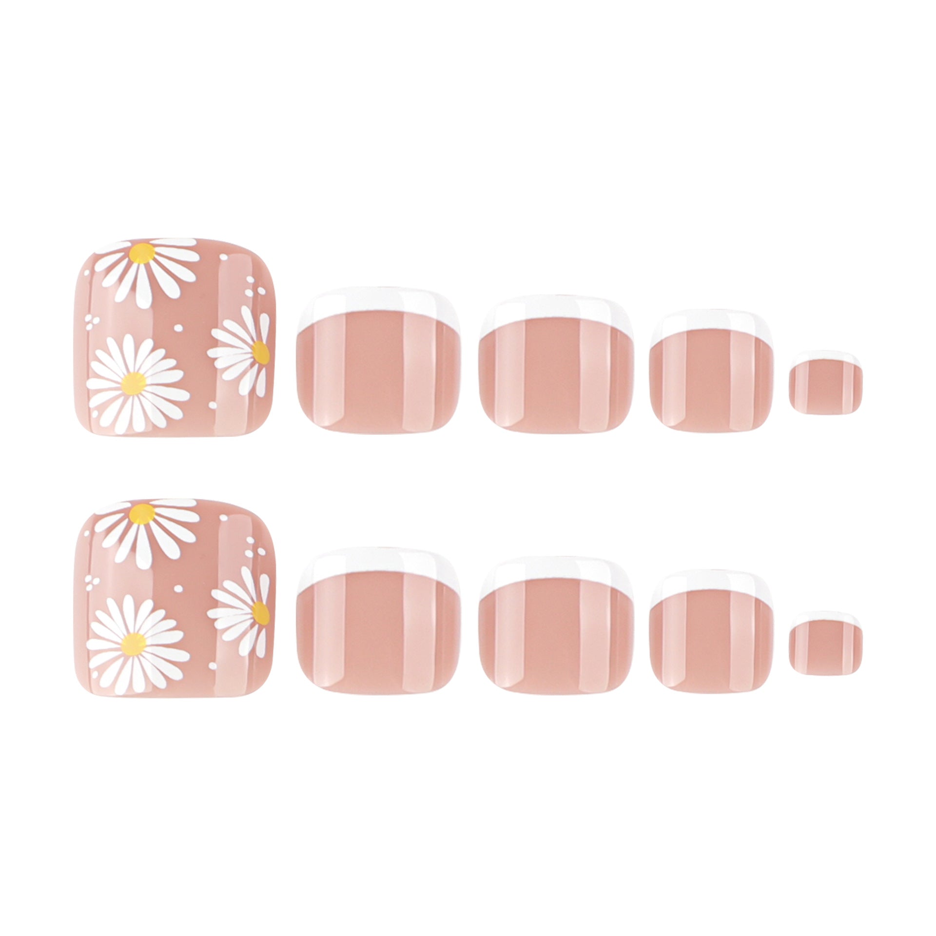 Nuevos productos de primavera y verano, flores de margarita, uñas de los pies simples y pequeñas, uñas de los pies frescas, pies blancos franceses, almohadillas para uñas a presión｜365nails
