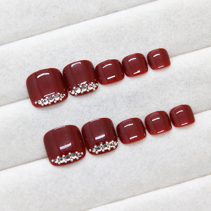 Nail art fake nail  burgundy toenail solid color removable nail piece Press-on toenails nail diamond 24 pieces｜365nails