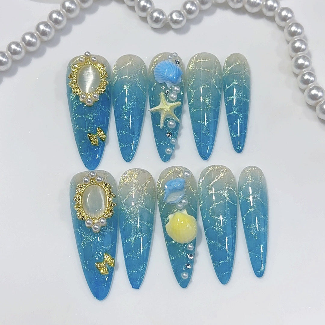 Ocean Wave Cat Eye Shell Press On Nails
