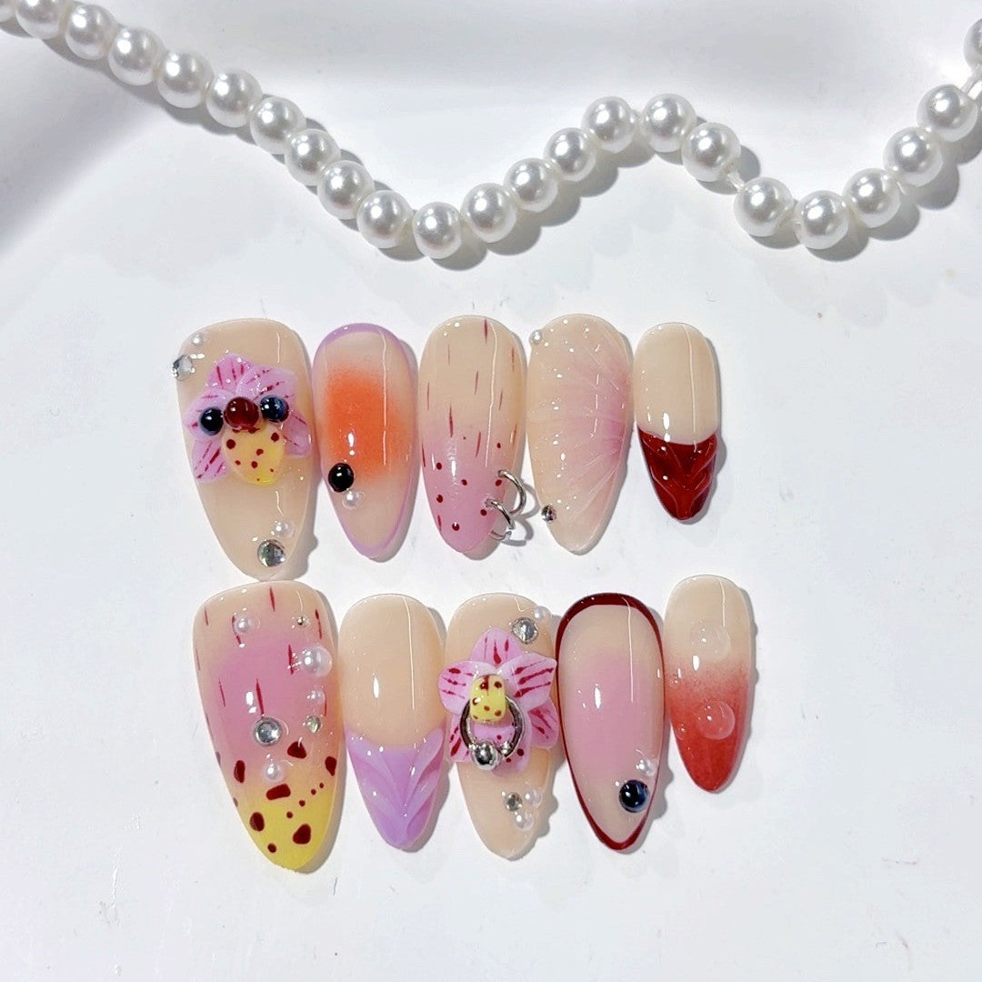 365nails: "Tropical Orchid Gradient" – Medium Almond Floral Fruit Handmade Press-On Nails