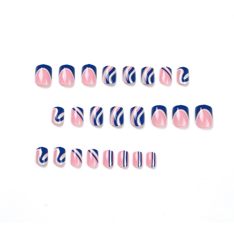 短款法式藍白對比波浪紋穿戴甲片（批發）｜365nails