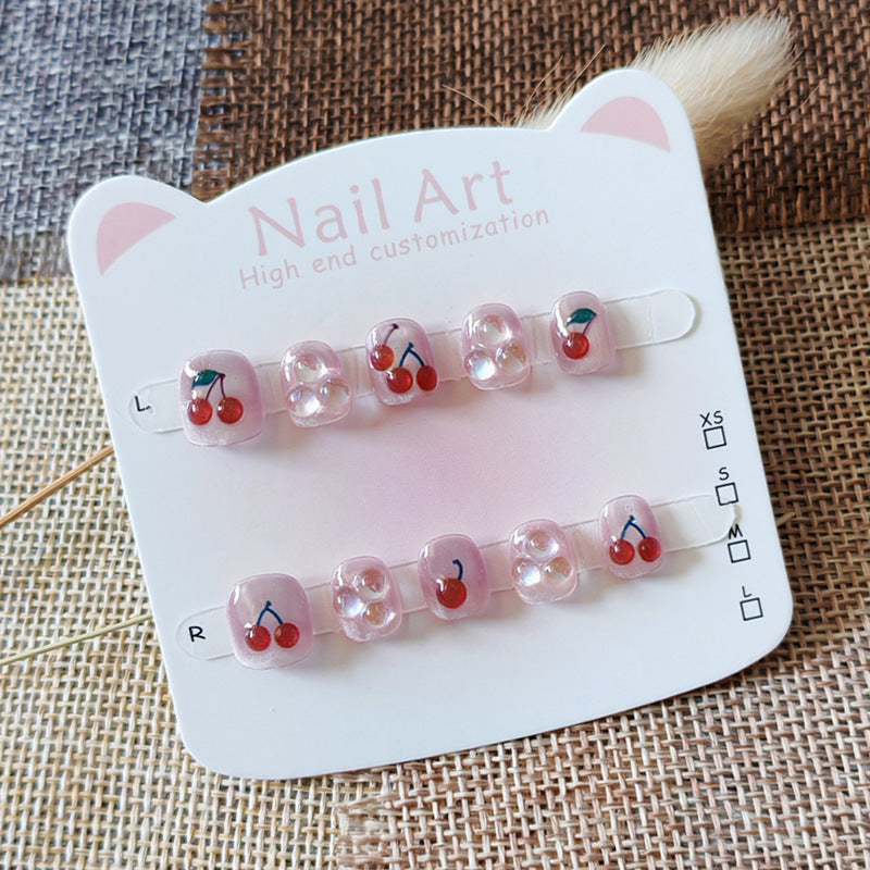 365nails: "juicy dewdrop cherry" – short round handmade kids press-on nails