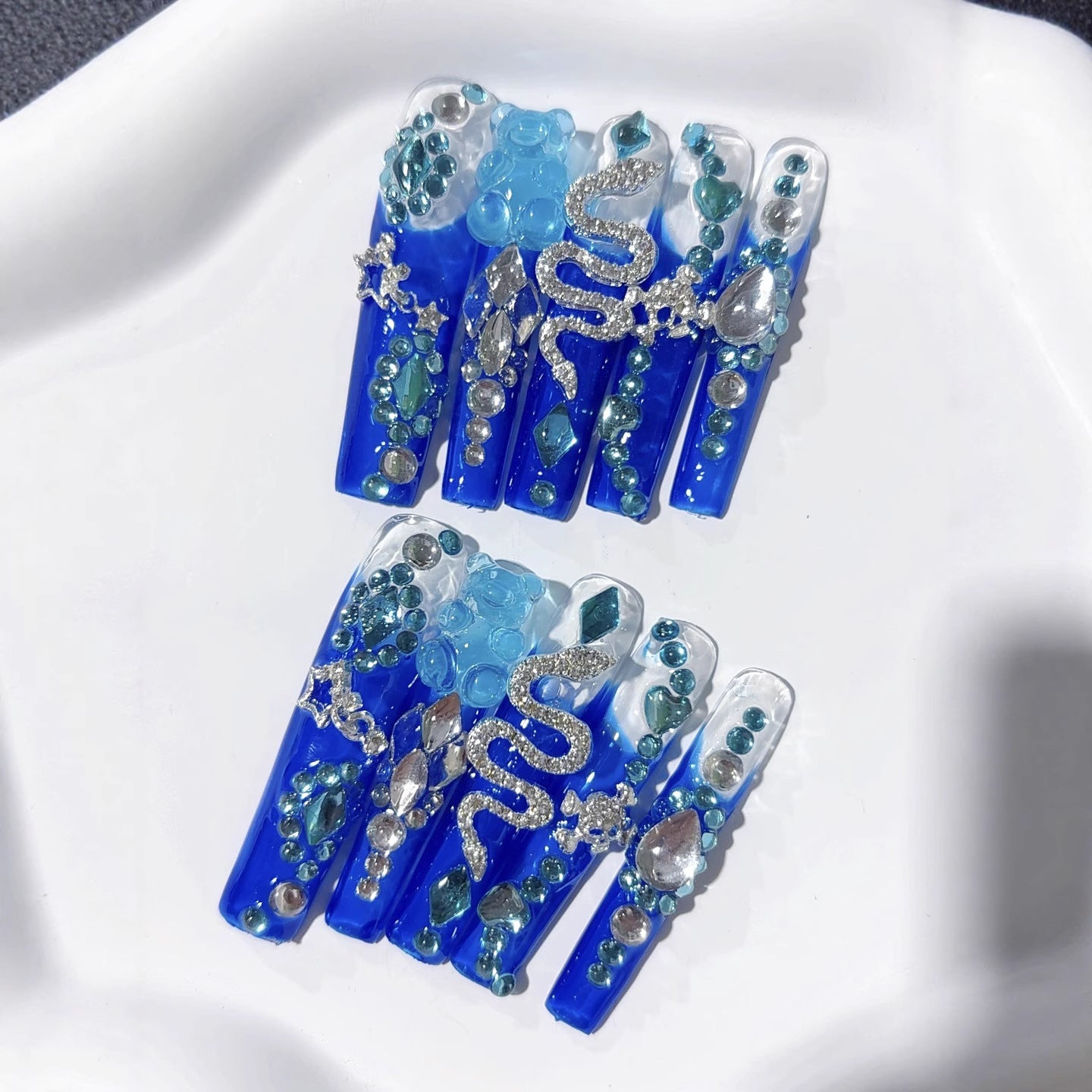 藍色珍珠水晶超長款穿戴甲