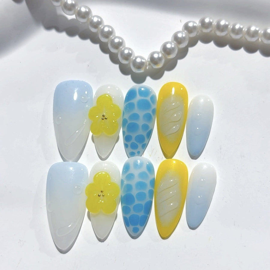 365nails-Summer Daze: "Lemonade Splash" – Almond Shape Handmade 3D Carved Press-On Nails