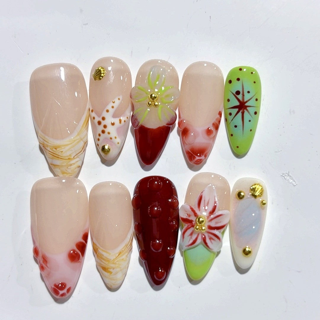 365nails: "Beach Star & Floral" – Unhas Postiças Artesanais Amêndoa Média Florais Marinhas