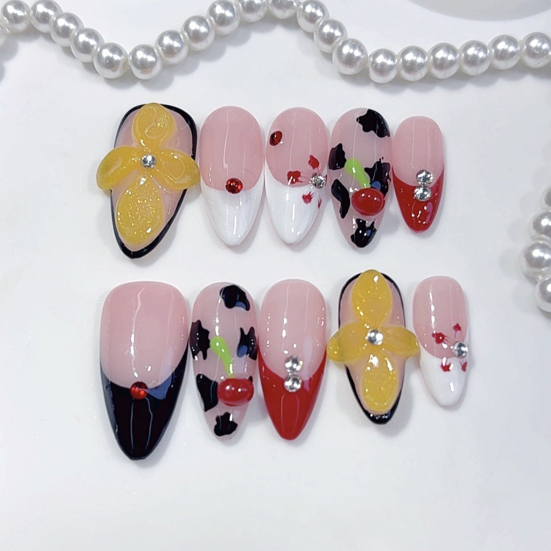 Fruit Cocktail: "Cherry Cow Flower" – Almond Shape Handmade Press-On Nails