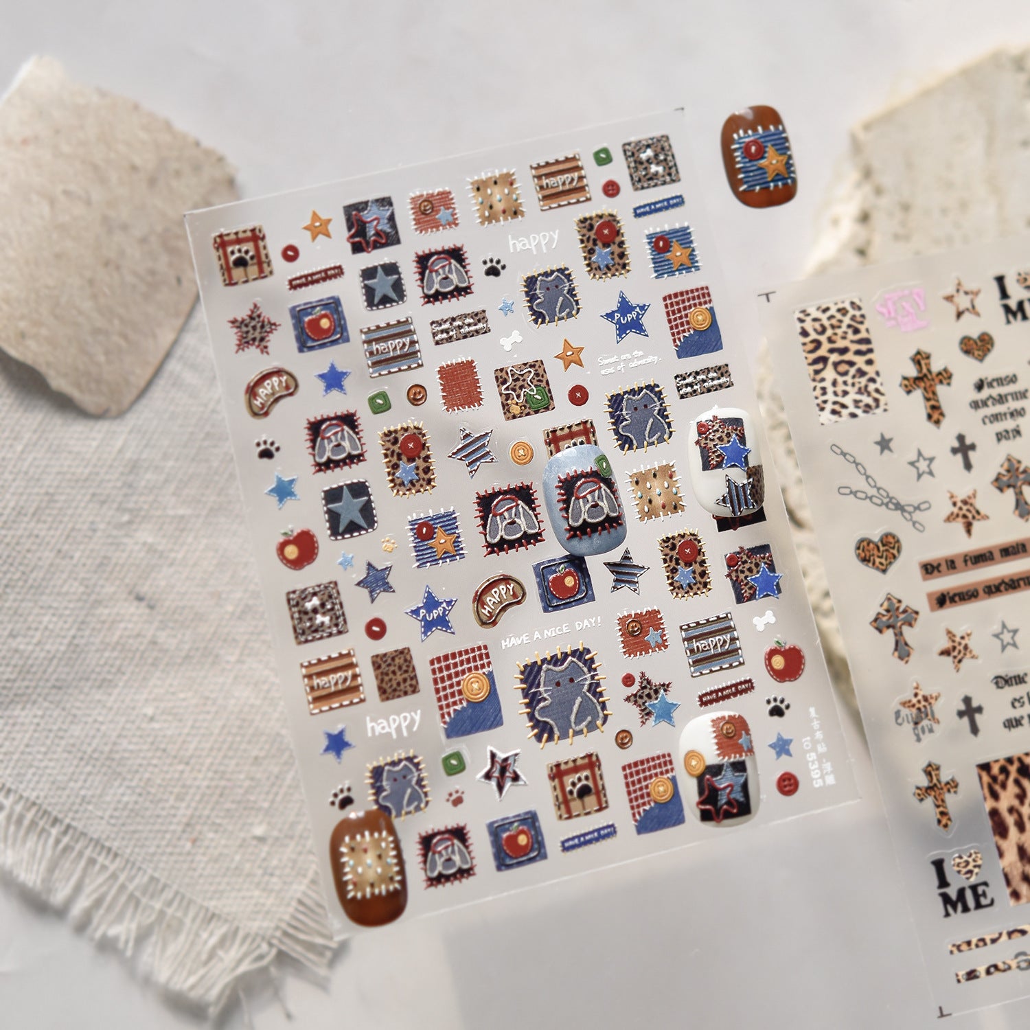Denim Patch Collection: "Vintage Denim Patch & Kitten" – 3D Embossed Nail Sticker