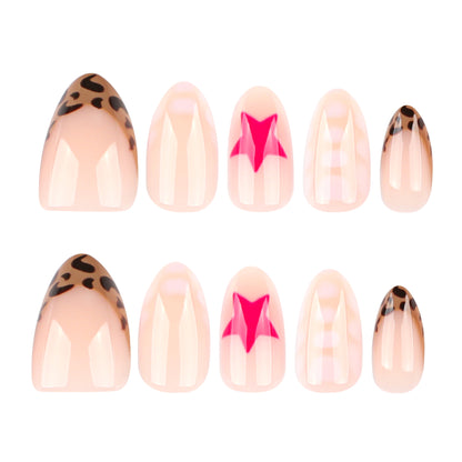 hot-selling red star manicure nail piece short almond-shaped repeatable fake nail French leopard print press on nails｜365nails