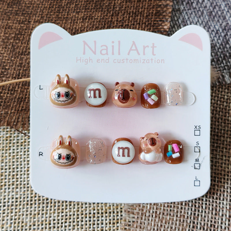 365Nails: "Labubu & Capibara Snack Time" – Handmade Cute Short Oval Press On Nails