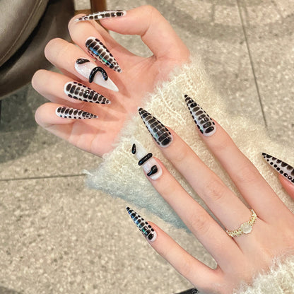 Black Python Metal Nail Art press-on nails Mirror Pure Hand Painted Python Pattern Spice Girl Design  Long Tip | 365nails