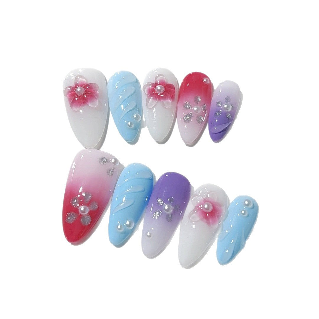 365nails: "Colorful Floral Gradient" – Medium Almond Multicolor Floral Handmade Press-On Nails