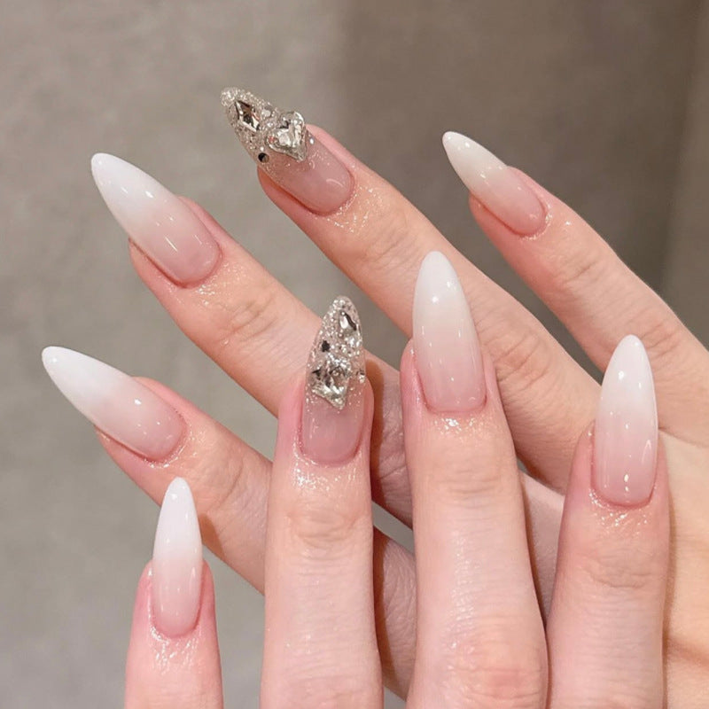 Pink Ombre Stiletto Press On Nails with Silver Rhinestone Charms