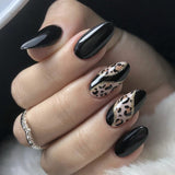Autumn and winter leopard print splicing wearing armor simple black solid color autumn manicure fake nails fake nails｜365nails