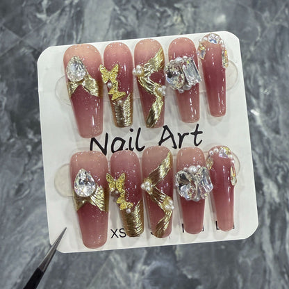 Handmade Press-on Nails New Year Blush Ribbon Nail Art Patch Pile Diamond Ice Through Autumn and Winter Fake Nail Wholesale｜365nails