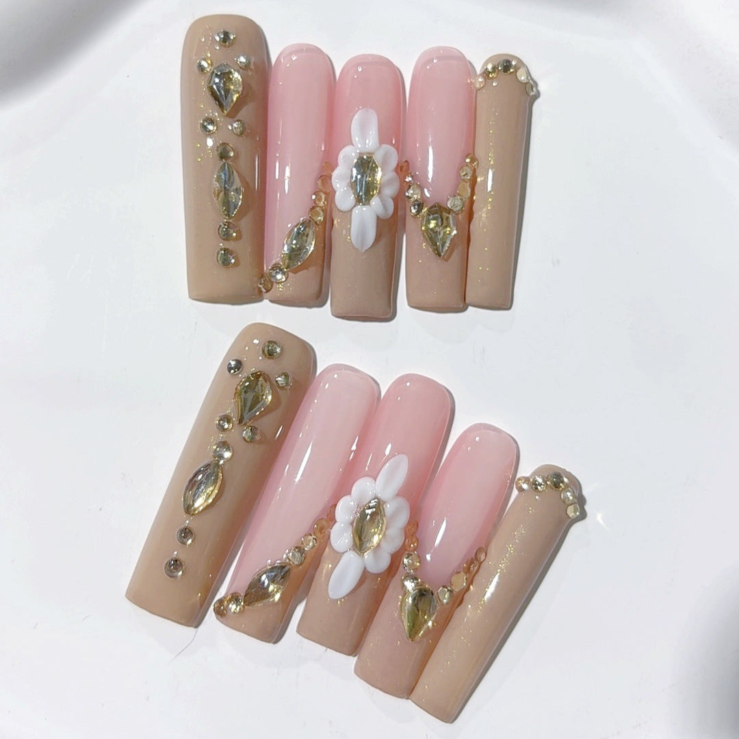 Soft Nude Pearl Floral Elegant Extra Long Press On Nails