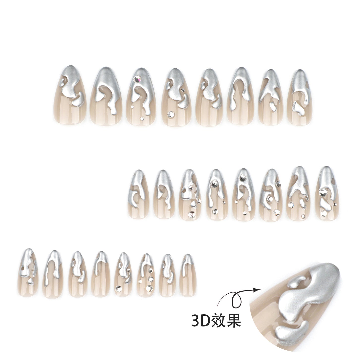 French 3D silver paste press on nails film short almond fake nails point drill fake nail nail film wholesale｜365nails