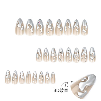 French 3D silver paste press on nails film short almond fake nails point drill fake nail nail film wholesale｜365nails