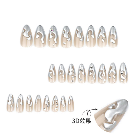 French 3D silver paste press on nails film short almond fake nails point drill fake nail nail film wholesale｜365nails