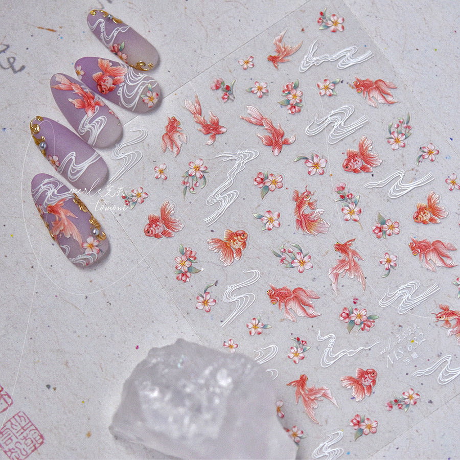 東方金魚系列：「錦鯉與櫻花」 – 3D 浮雕甲貼