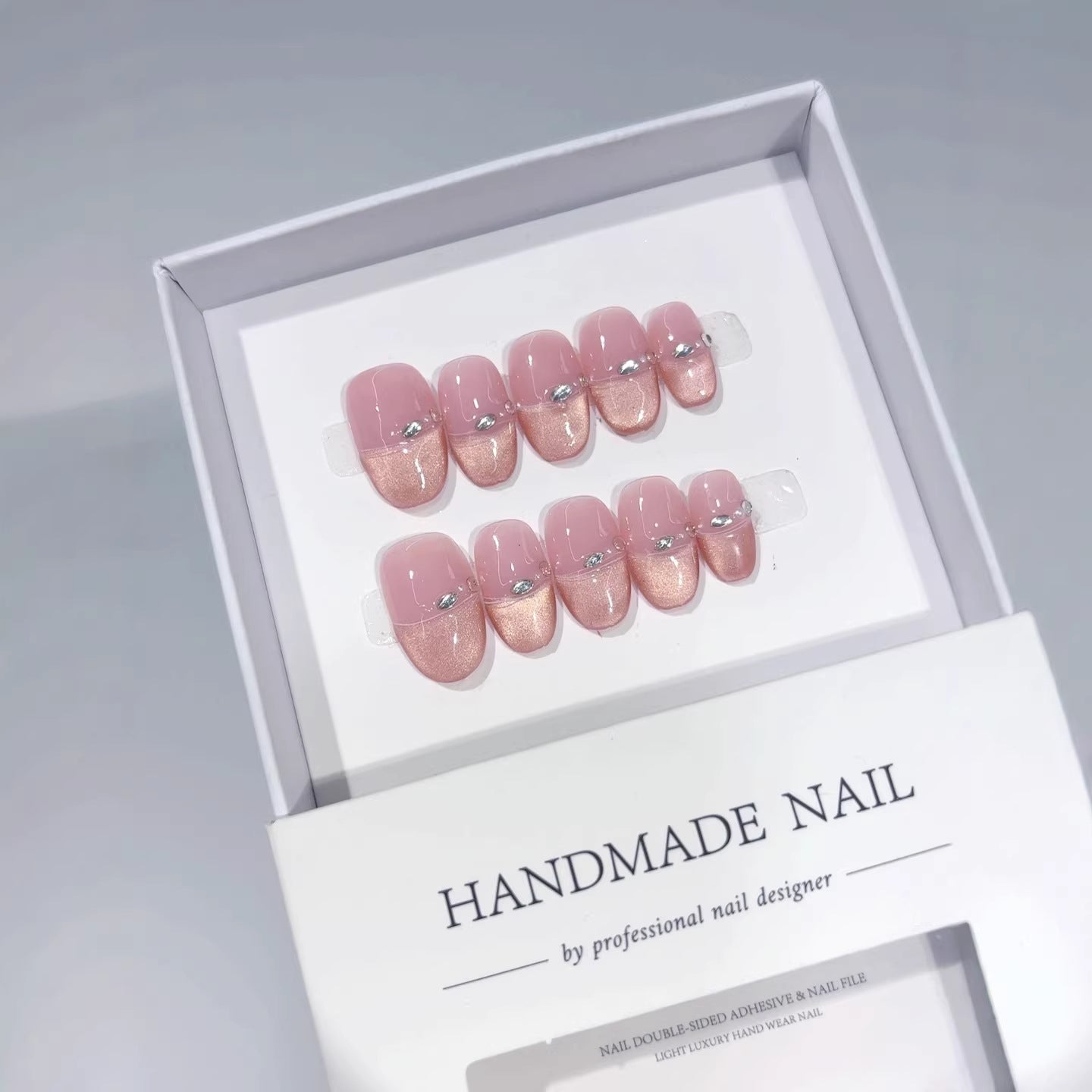 Pink Glow: "Nude Pink Rhinestone" – Square Shape Handmade Press-On Nails