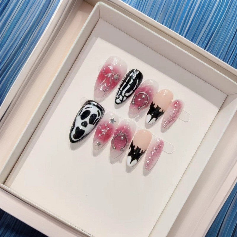 365nails: "Midnight Gala" – 3D 해골·별 수제 스틸레토형 프레스온 네일