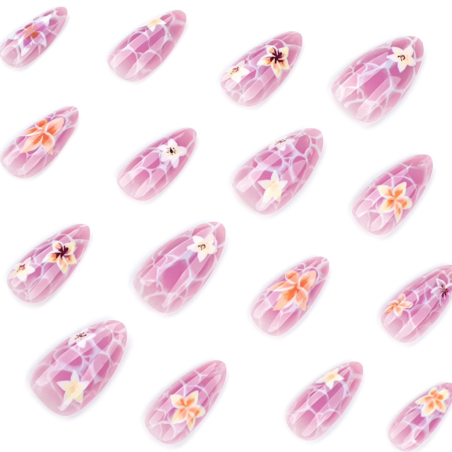 Marble pattern press on nails fresh summer flower manicure  short almond  hot-selling nail wholesale｜365nails