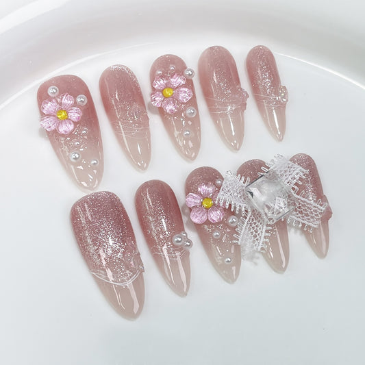 Pure Handmade Press-on Nails sweet cute ice through small flower nail art finished patch gradual change cat eye long fake nail wholesale｜365nails