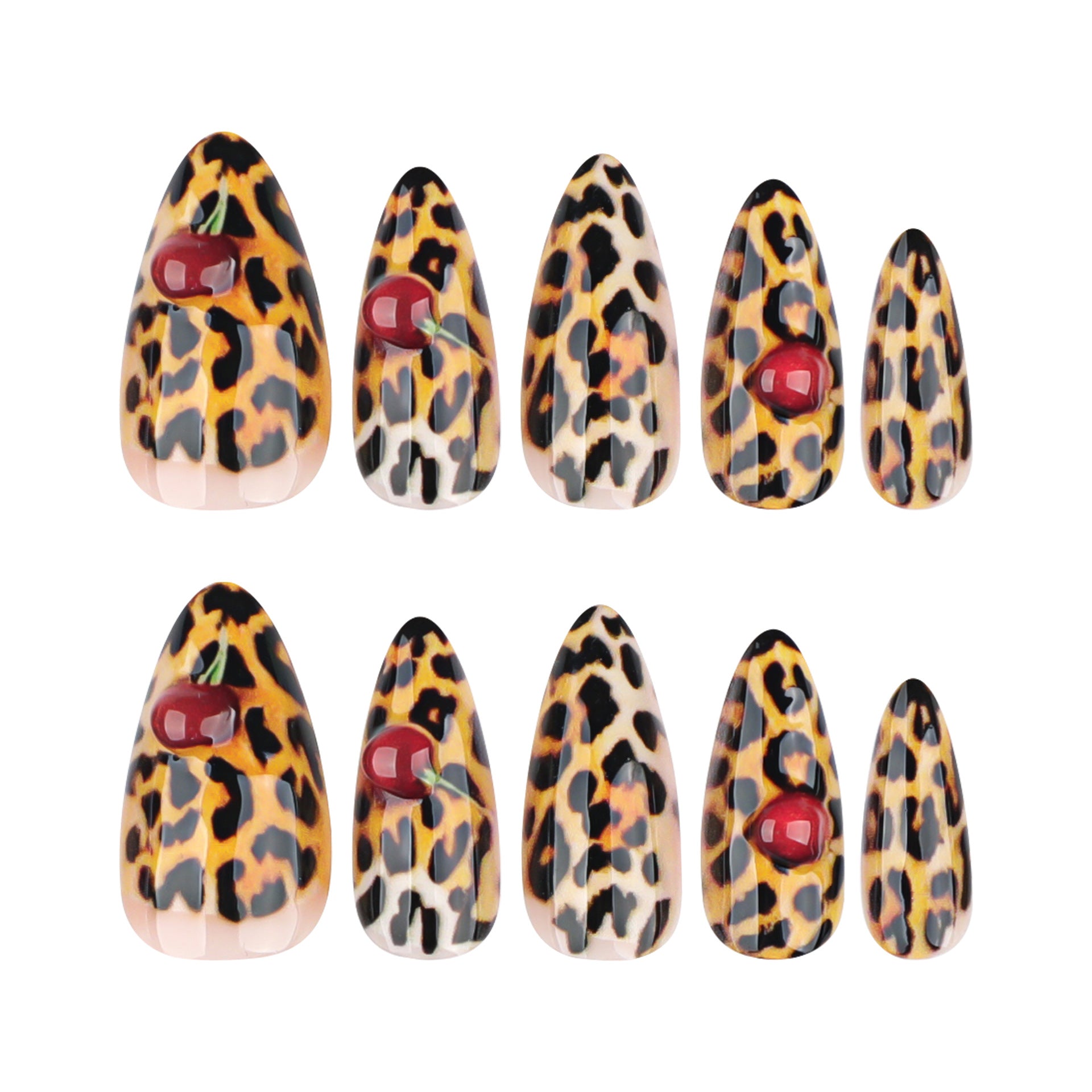 Wild Leopard Print Nails with Cherry Accent Medium Almond Tips