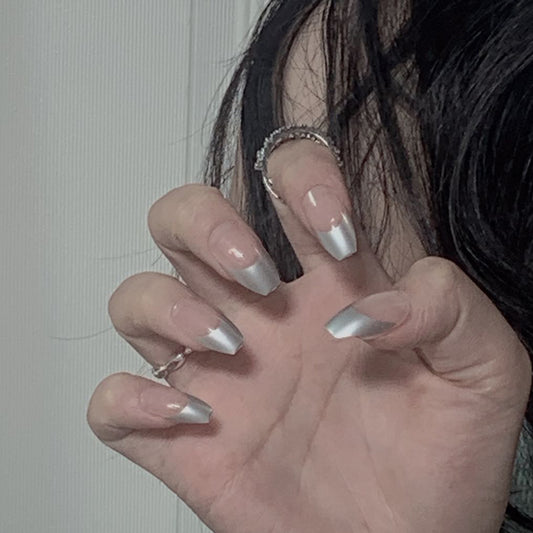 Simple mirror silver French short ballet wear nail art finished fake nail nail art patch nail patch removable｜365nails