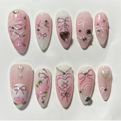 Unhas falsas com diamantes brilhantes e estrelas rosa, produto finalizado em amêndoa curta, atacado ｜365nails