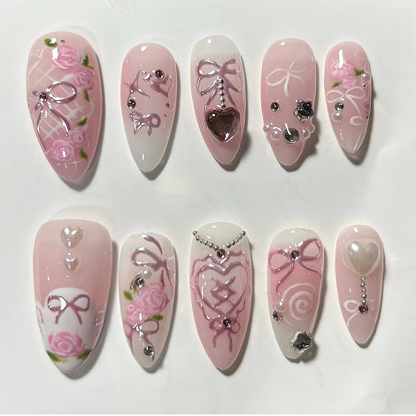 Sweet pink  star shining diamond nail art fake nail short almond  finished product wholesale｜365nails