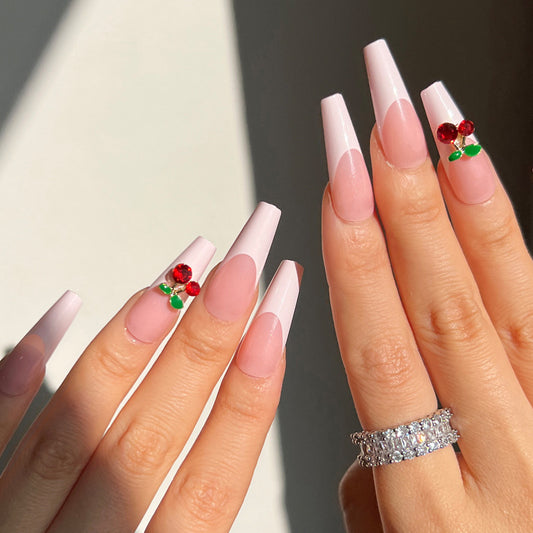 Long Ballet Naked Pink White Green Leaf Small Cherry Red Diamond Nail Art Nail Wear Wholesale Nail Piece Long Nail Wear｜365nails