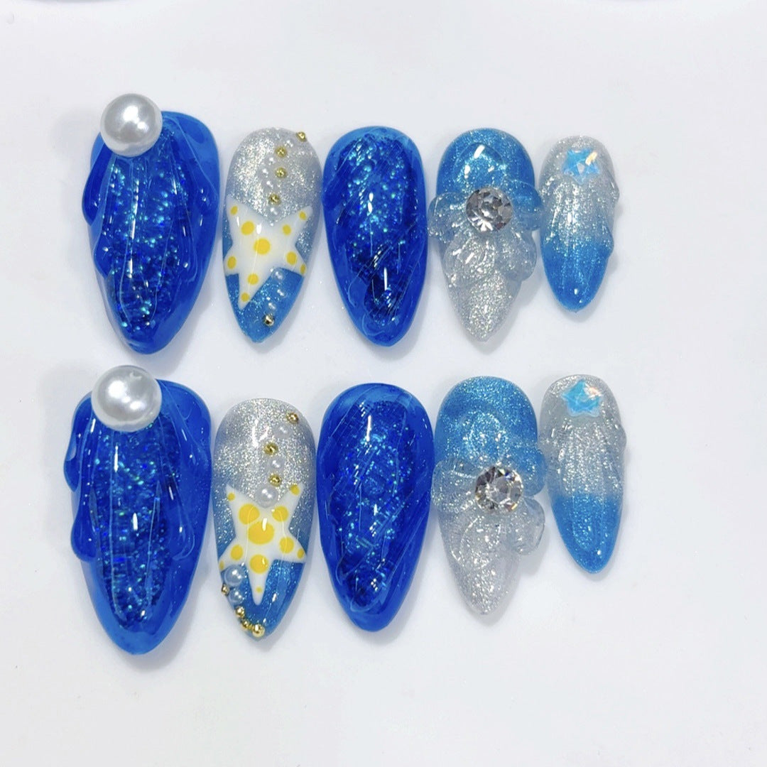 365nails: "Sereia Estrelada do Mar Profundo" – Unhas Postiças Artesanais Azul Glitter Marinho Amêndoa Média