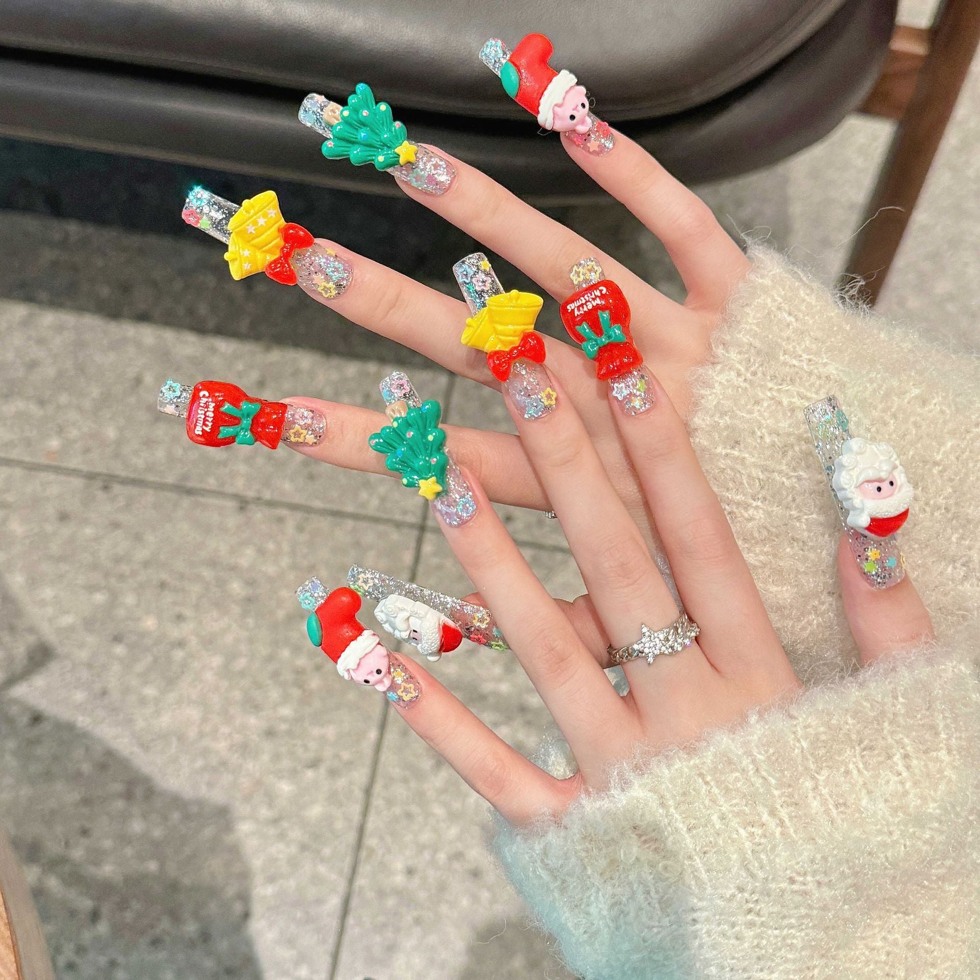 Festive 3D Christmas Press‑On Nails – Santa, Tree & Gift Glitter Long Design