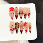 365nails: "櫻桃豹紋幻想" – 3D 花卉與豹紋 手工製杏仁形甲片