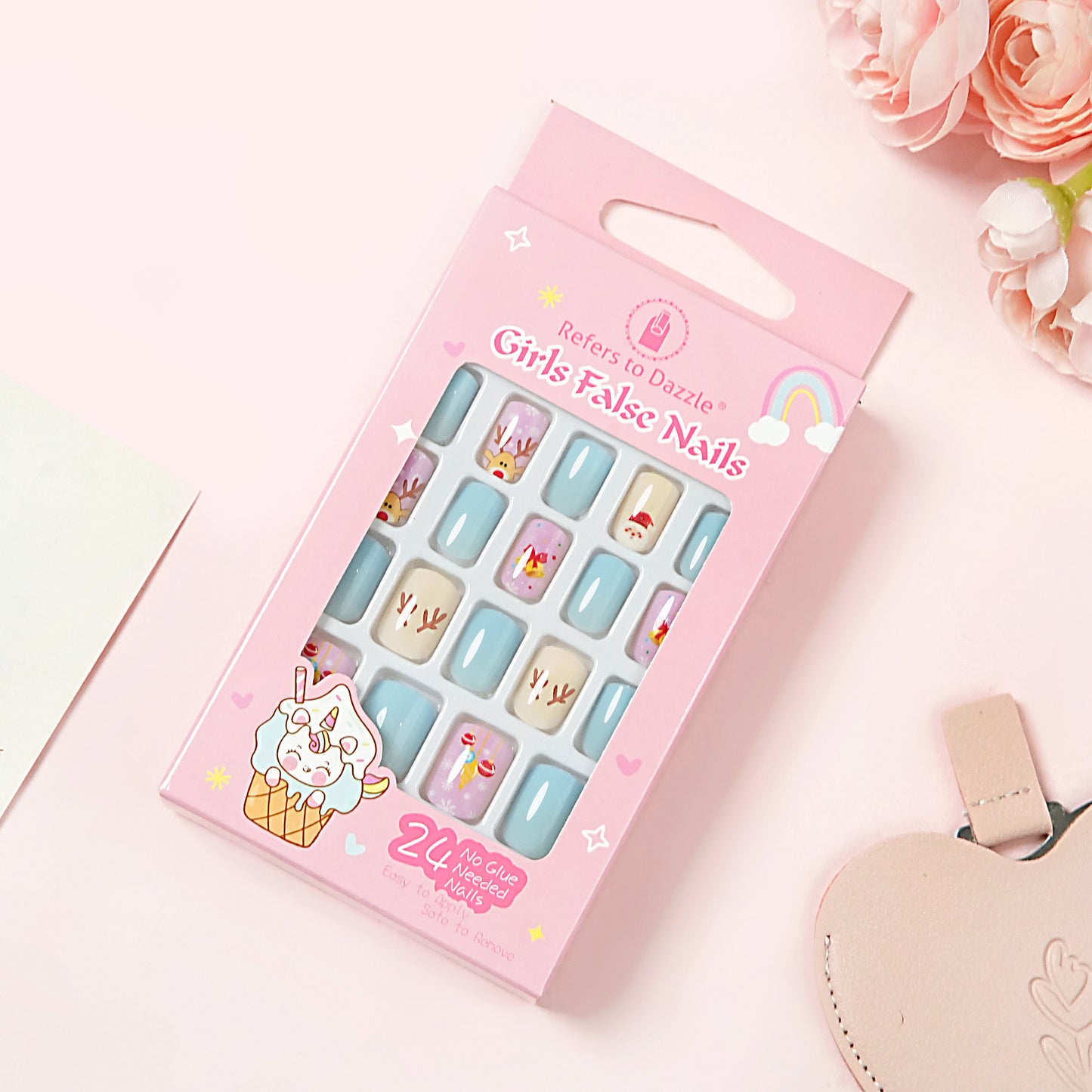 Kids press-on nails 24 short square manicure patches 3-12 years old