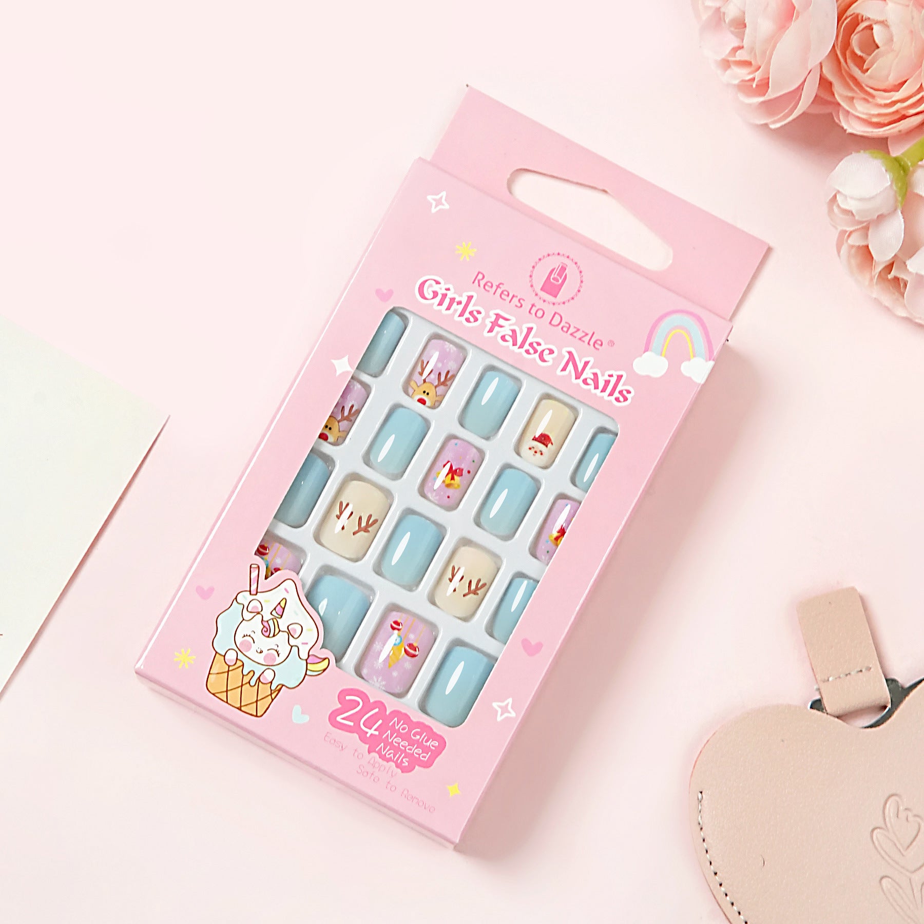 Kids press-on nails 24 short square manicure patches 3-12 years old