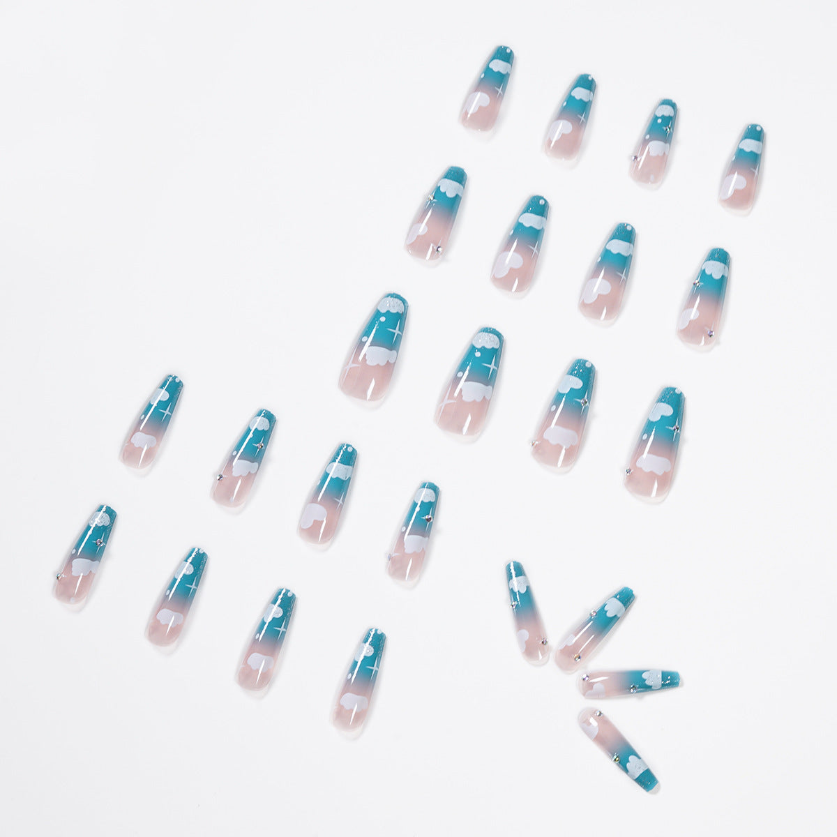 Sky blue clouds gradually change rhinestone wearing finished nail art    removable ｜365nails