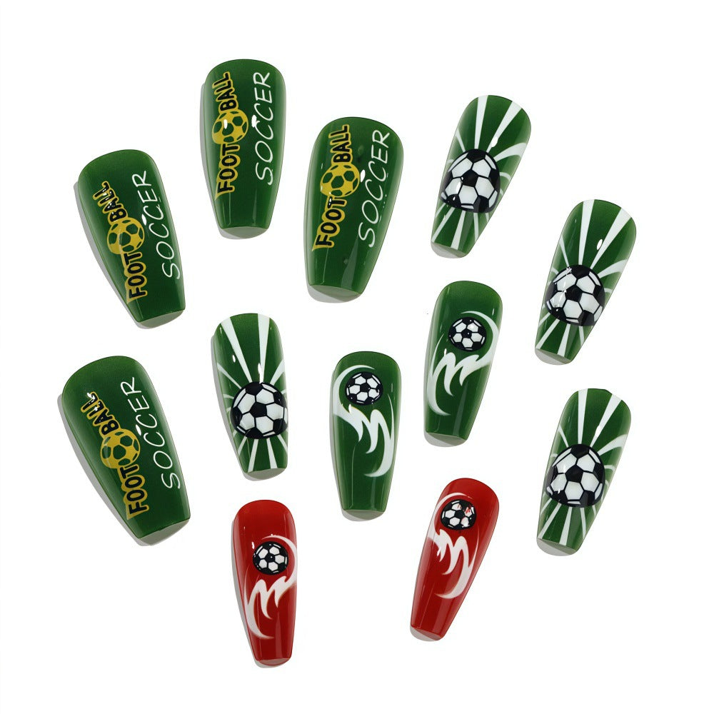 Unhas Postiças (Press-On) Padrão Futebol Verde e Vermelho Entusiasmado da Copa do Mundo (Brilhante/24unid/Formato Caixão)