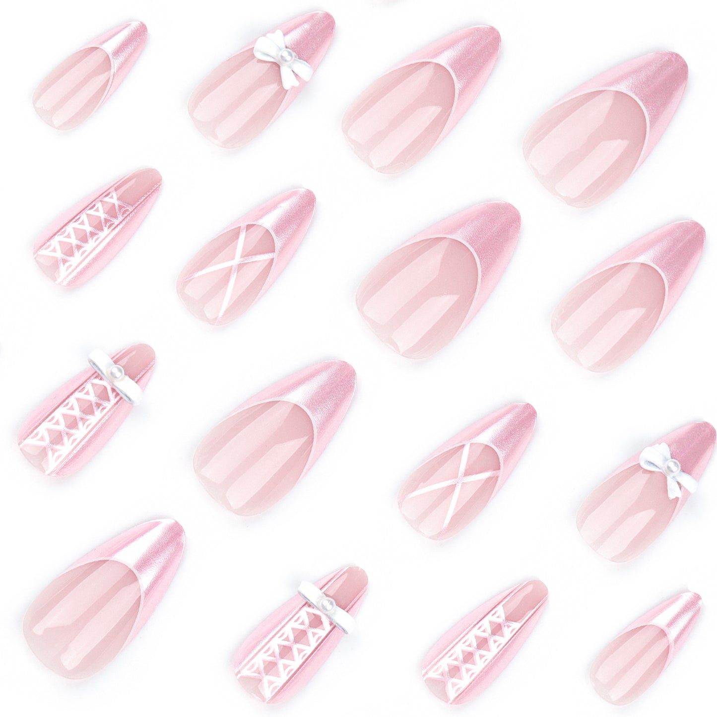 Wearable  Sweet girl French pink manicure Bow Pearl staggered almond  wholesale｜365nails
